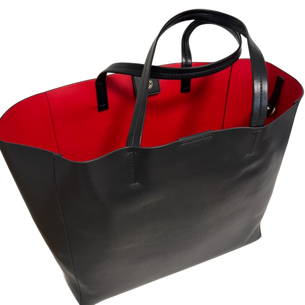 Sleek Black and Red Interior Vegan Leather Large Shoulder Tote Bag